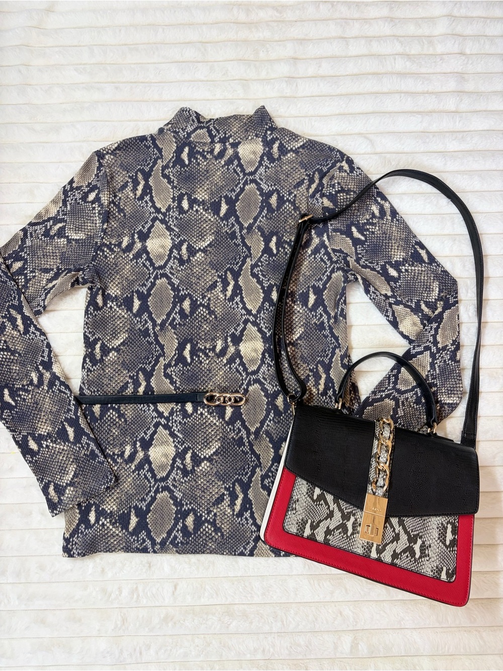 3pc Bundle Black Red Snake Print Crossbody Bag Outfit Set XL